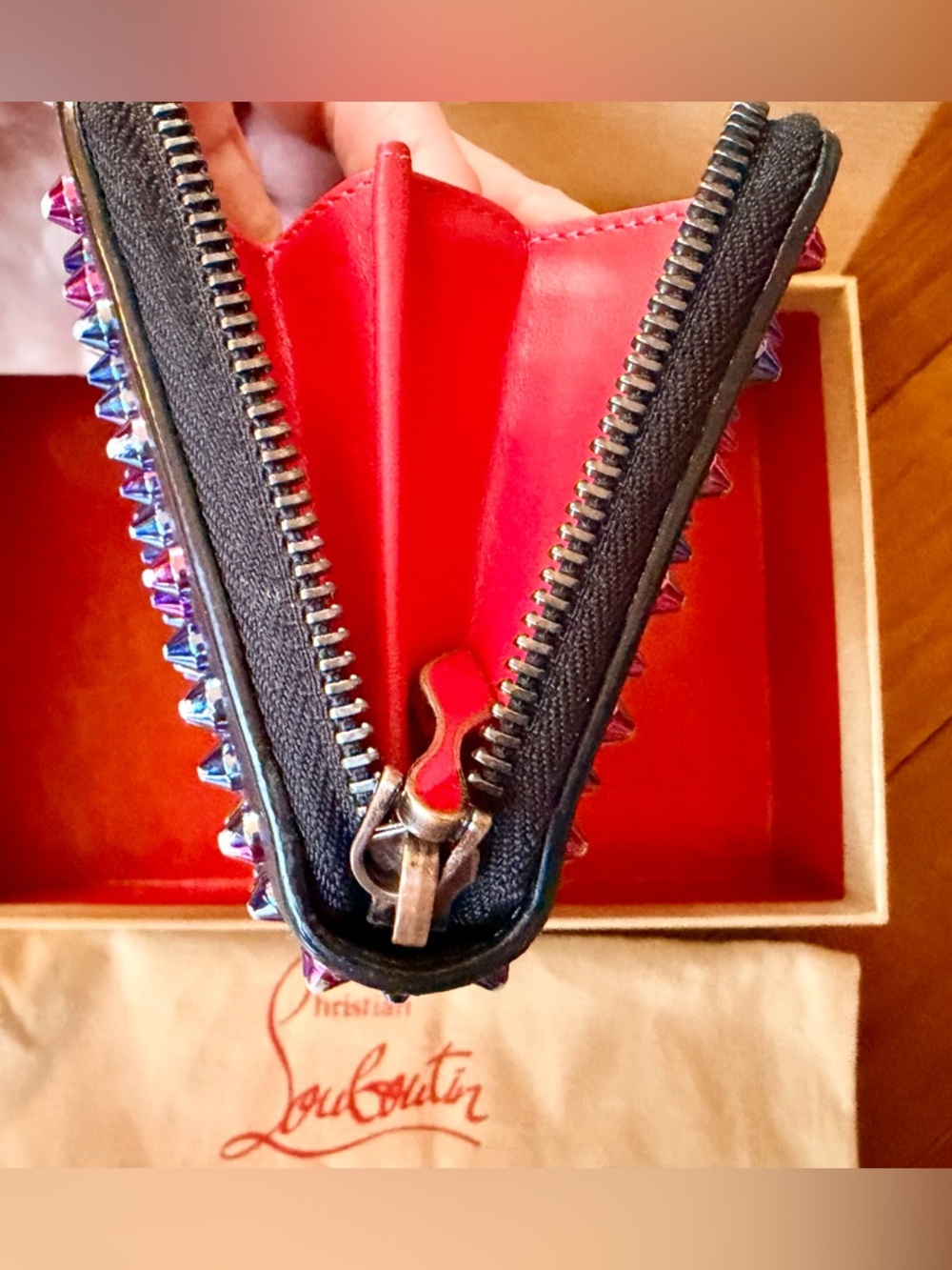 Louboutin Panettone Wallet,Black with Rainbow Spiked Studded Zip Around closure’ - Picture 14 of 16